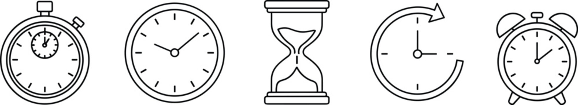 Timekeeping device collection, clock artwork design, stopwatch motif illustration, hourglass concept drawing, alarm symbol theme, repetition decorative style, flat vector illustration