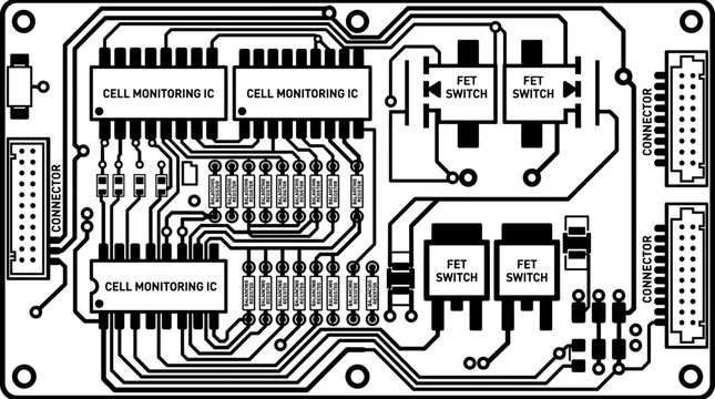Electronic circuit board with integrated circuits and FET switches.