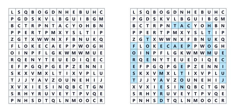 Word search puzzle, Vocabulary filling intellectual game. Educational letter puzzle, Word search. Brain development puzzle,