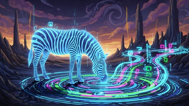 A glowing digital zebra drinks from a pool of data streams in a surreal, futuristic landscape.