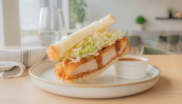 Katsu sando, a japanese pork cutlet sandwich, perfect for menus, food blogs, kitchen decor, culinary websites, and cafe promotions.