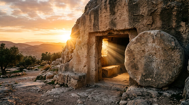 Ancient stone tomb entrance with a large circular boulder blocking the door at sunset with golden light rays shining into the dark interior