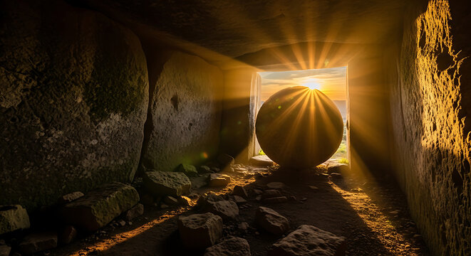 Sunlight streaming through the entrance of an ancient stone tomb with a large circular boulder blocking the opening at sunrise or sunset