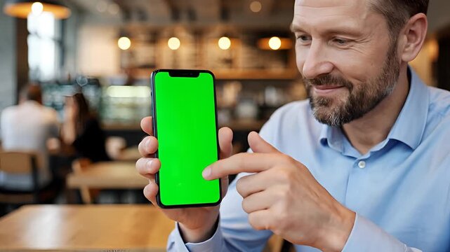 Man holding a smartphone with a green screen in a cafe.