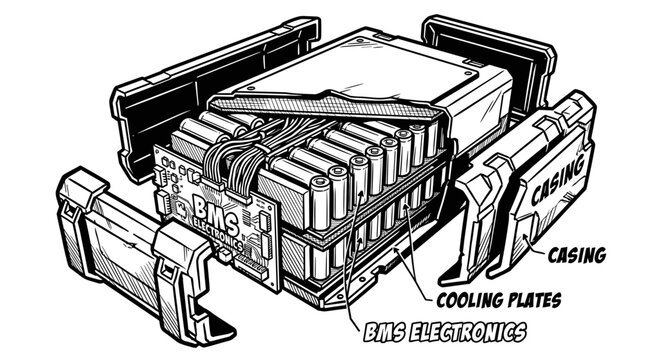 Exploded view of a battery pack with internal components visible.