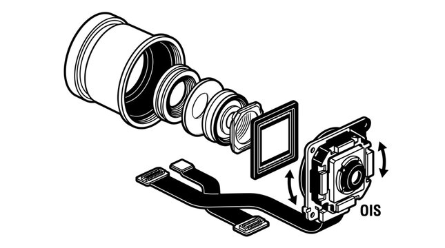 Exploded view of a camera lens with optical image stabilization.