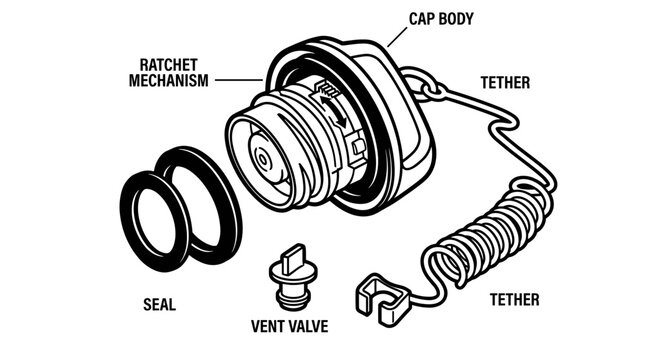 Exploded view of a car fuel cap with labels.