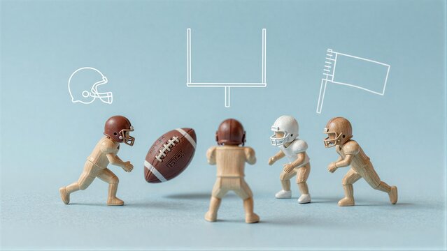 Mini football players line up for game helmets and ball ready for