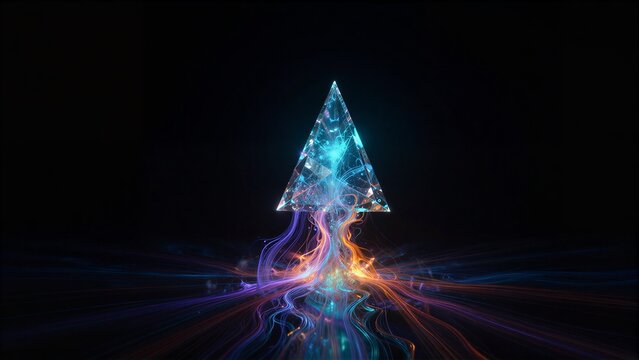Luminous triangular prism emits vibrant energy streams against a dark