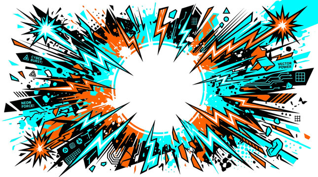 Vibrant orange, black, and blue explosion of abstract shapes and lines forming a circular comic book-style burst on a white background with dynamic movement.