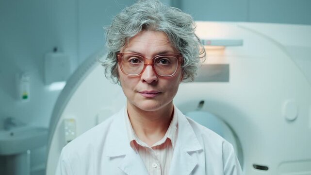 Confident middle-aged female doctor with grey hair and glasses, wearing white lab coat, posing for camera in front of CT scanner at clinic. Video portrait