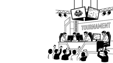 Black and white line art illustration of an esports gaming tournament. © Aqila cohar