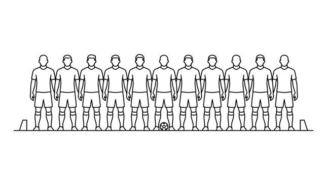 Black and white line art illustration of a soccer team standing in a row.