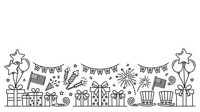 Celebratory Doodle Border with American Flags and Gifts.