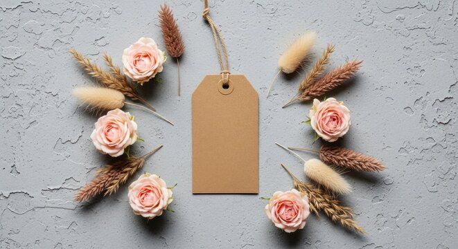 Rustic Kraft Tag Mockup Framed by Pink Roses and Dried Grass on Concrete