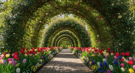 Fototapeta premium Sunlit Walkway Through a Verdant Arch Tunnel Lined with Colorful Spring Flowers