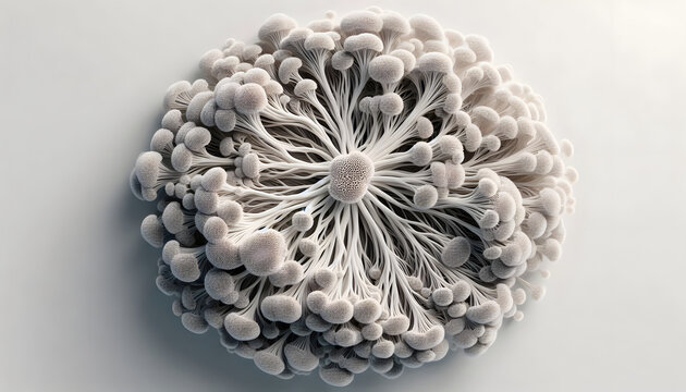 Microscopic top view of a circular fungal hyphae network growing on a clean white surface