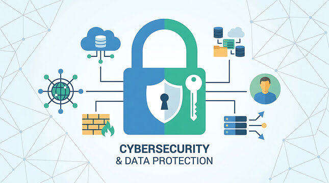 Cybersecurity and data protection concept with a central padlock and shield surrounded by digital network, cloud, database, and user