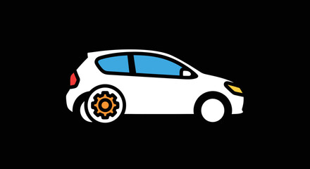 Fototapeta premium White car with gear wheel on black.