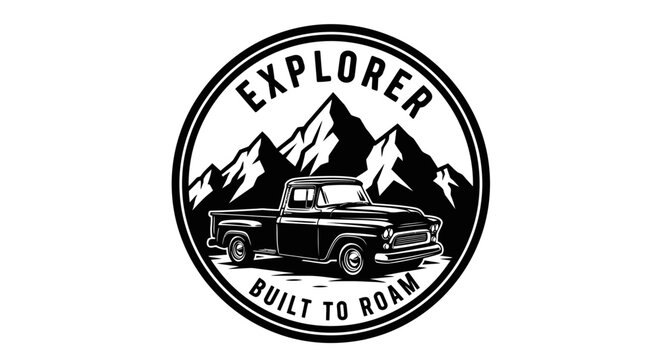 Black and white vintage pickup truck logo with mountains.