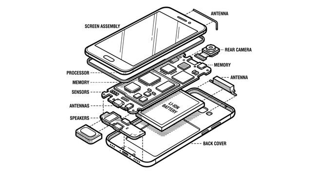 Exploded view of a smartphone showing internal components 1.