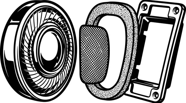 Exploded view of a speaker driver and housing components.