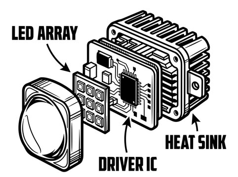 Exploded view of an LED light assembly with labels.