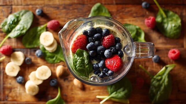 Overhead shot of a blender filled with smoothie ingredients on a wooden surface
