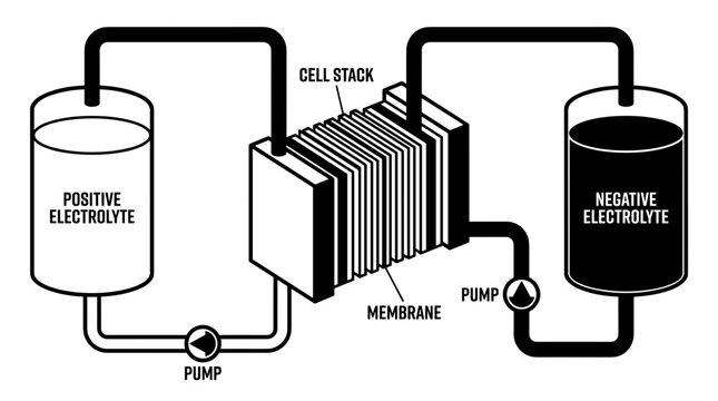 Flow Battery System Diagram with Electrolyte Tanks and Cell Stack.