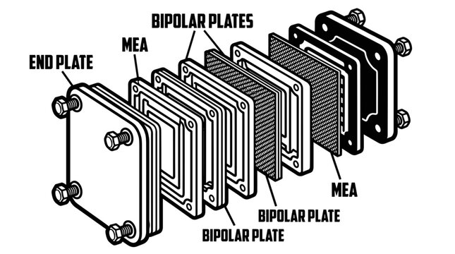 Fuel Cell Stack Diagram with Labeled Components.