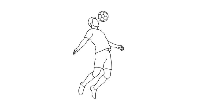Continuous line drawing of a soccer player jumping to head the ball.