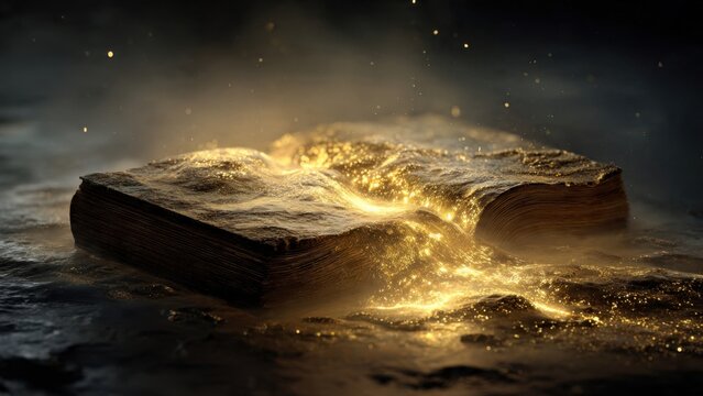 Ancient Book Emitting Golden Magic Dust