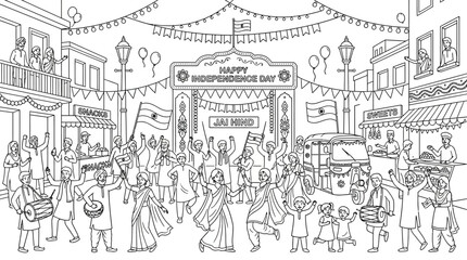 Obraz premium Diverse crowd celebrating Indian Independence Day with traditional music and dance.
