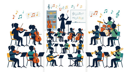 Diverse group of children playing musical instruments in a school orchestra ensemble. ©  Dani riza