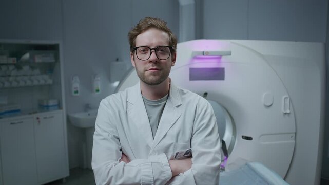 Young male doctor in white medical coat and glasses posing with arms crossed in front of CT scanner machine at modern diagnostic clinic. Video portrait