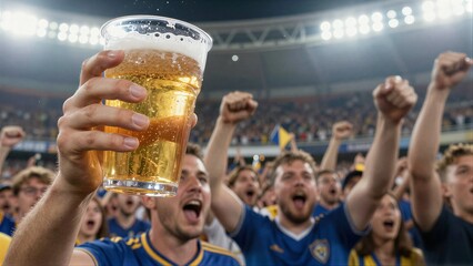 Obraz premium Football fans cheer wildly raising fists and a beer cup in triumph.