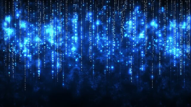 Blue abstract digital data rain background with glowing binary code particles streaming downwards for cyber technology concept