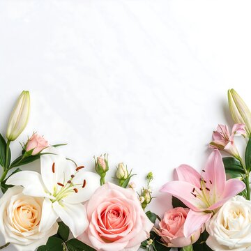 Beautiful bouquet of pink roses and lilies flowers on white background
