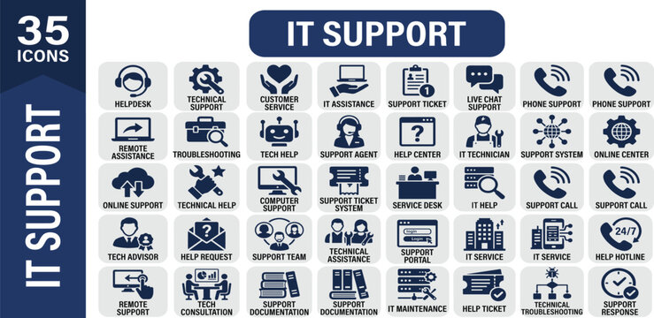 It supports icon set. featuring tech support, operator, scan, maintenance,  warning, troubleshooting, cloud computing, and computer repair symbols for web and app design. Solid icon set