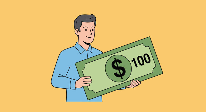 Smiling man holding a large $100 bill.
