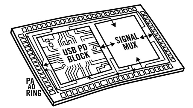 Integrated Circuit Chip with USB PD Block and Signal Mux.