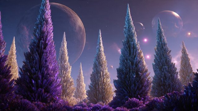Futuristic Crystal Forest Under Alien Skies