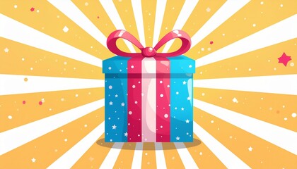 Obraz premium A beautifully wrapped gift box with a big ribbon bow on top, set against a bursting dynamic sunburst ray background with confetti, perfect for celebrations.
