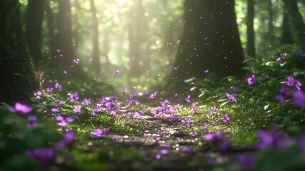 Fototapeta premium Enchanting forest path filled with blooming purple wildflowers under the soft warmth of golden sunlight through tree canopies
