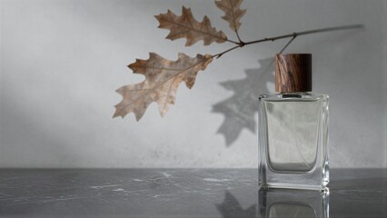 Naklejka premium Glass perfume bottle with wooden cap autumn leaves in soft light.