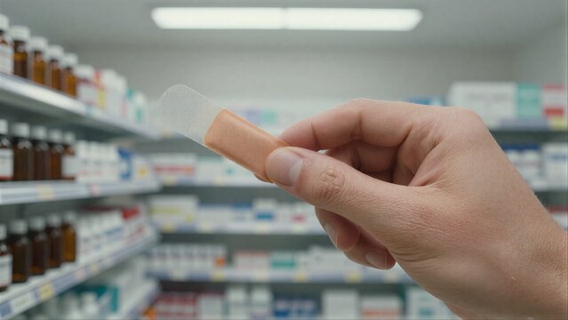 Hand holds bandage in pharmacy shelves of meds blurred in background.
