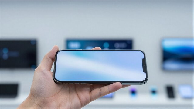 Hand holding sleek smartphone with blurred tech displays in