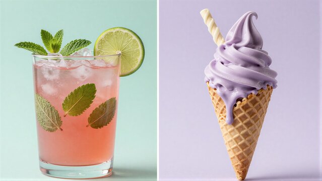 Refreshing mint drink and purple ice cream in waffle cone both look