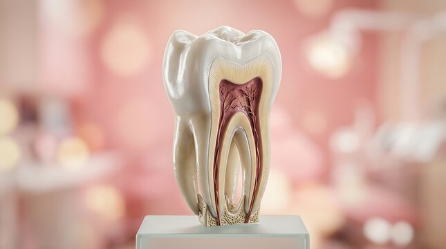 Ultra realistic 3D render of a human tooth highly detailed anatomical structure realistic enamel texture medical grade visualization photorealistic CGI cinematic lighting clean soft pink blurred backg