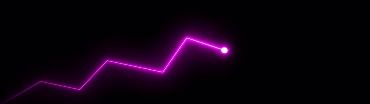 neon glowing zigzag line with upward arrow on black background, representing growth trend, progress, and rising performance.